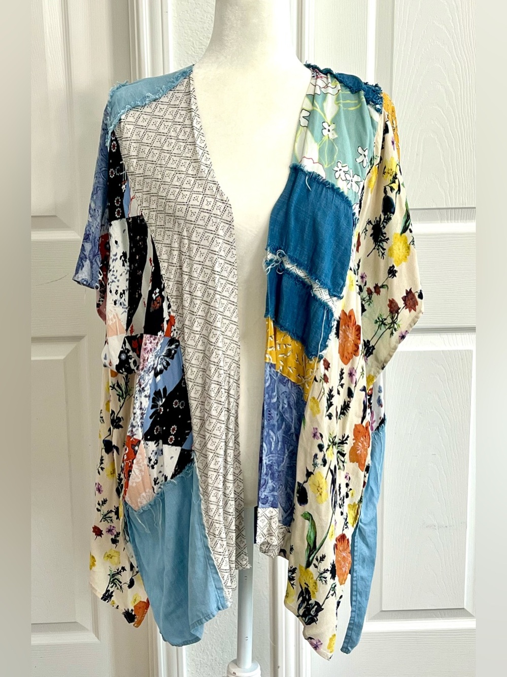 John Mark Patchwork Kimono Boho Wearable Art Denim Mixed Media Viscose Blend